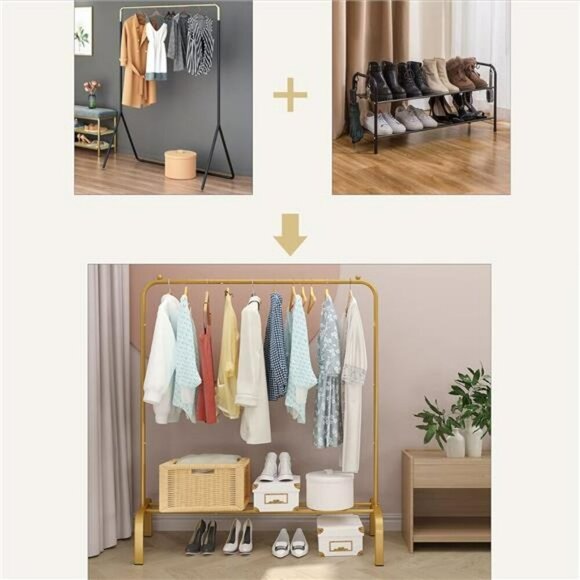 Gold Metal Garment Rack 43 Inch Clothing Rack with Shelf for Coats Dresses - Picture 6 of 7